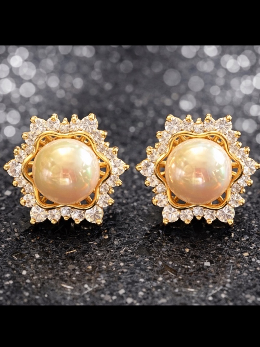 Suzanne Somers collection vintage estate pearl CZ stud earrings Gold HSN 1990’s
